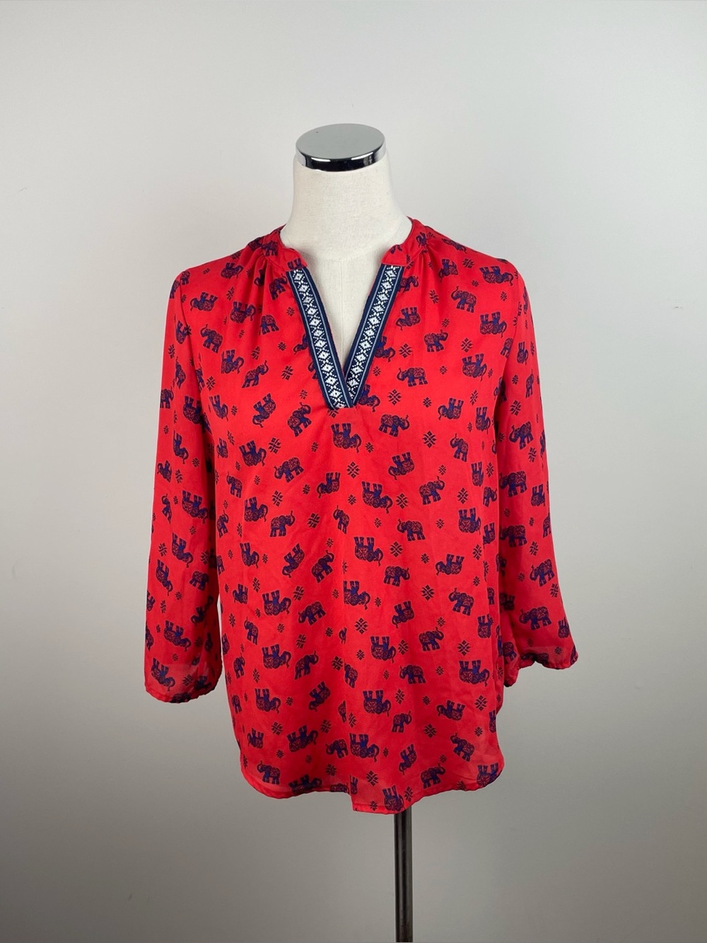 Society Girl Red Navy Blue Elephant Blouse Top Women Small